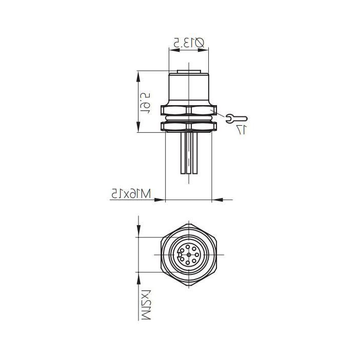 M12 8Pin、公头直型、法兰插座、板前安装、适用于现场焊接安装、64SB21H