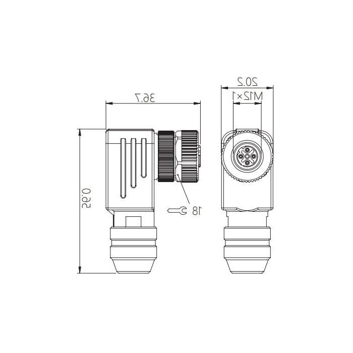 M12  5Pin、B-coded、母头90°、螺钉连接、金属屏蔽、0CF061